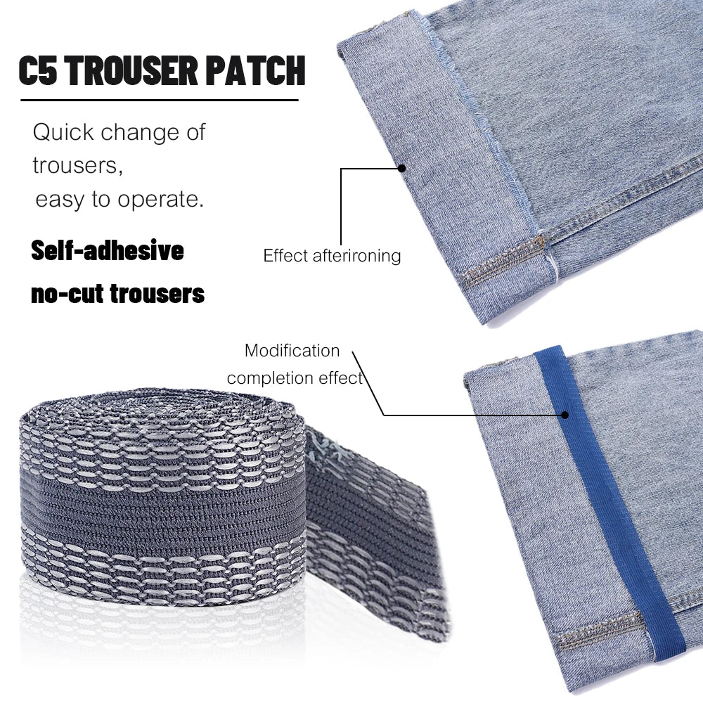 C5 trouser patch showing self-adhesive non-cut fabric repair and modification for pants.