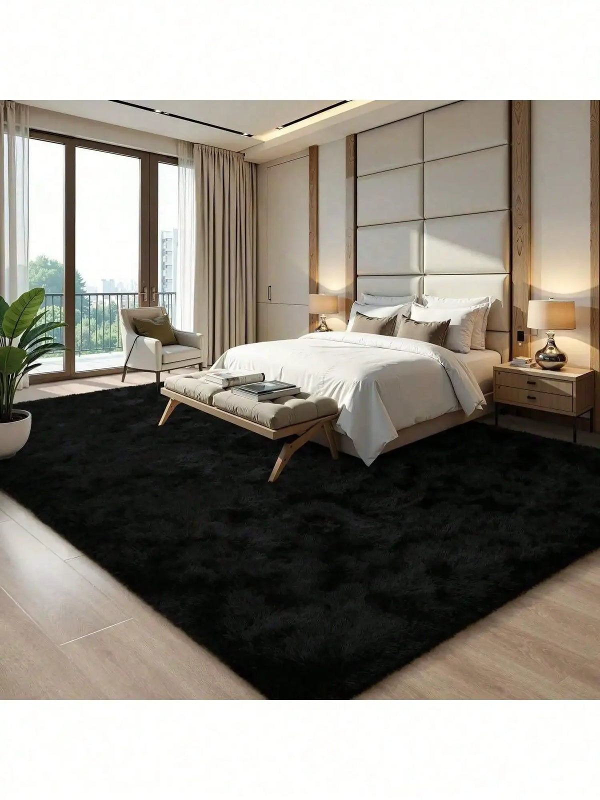 A plush black long-pile area rug in a modern bedroom setting with a white bed and wooden accents.