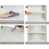 Four steps showing how to use a silicone non-slip drawer liner for storage.