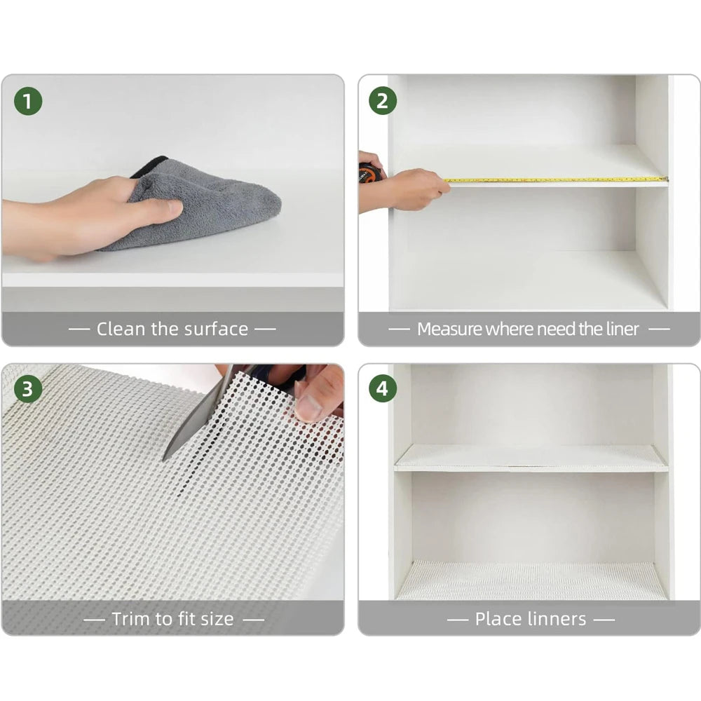 Four steps showing how to use a silicone non-slip drawer liner for storage.