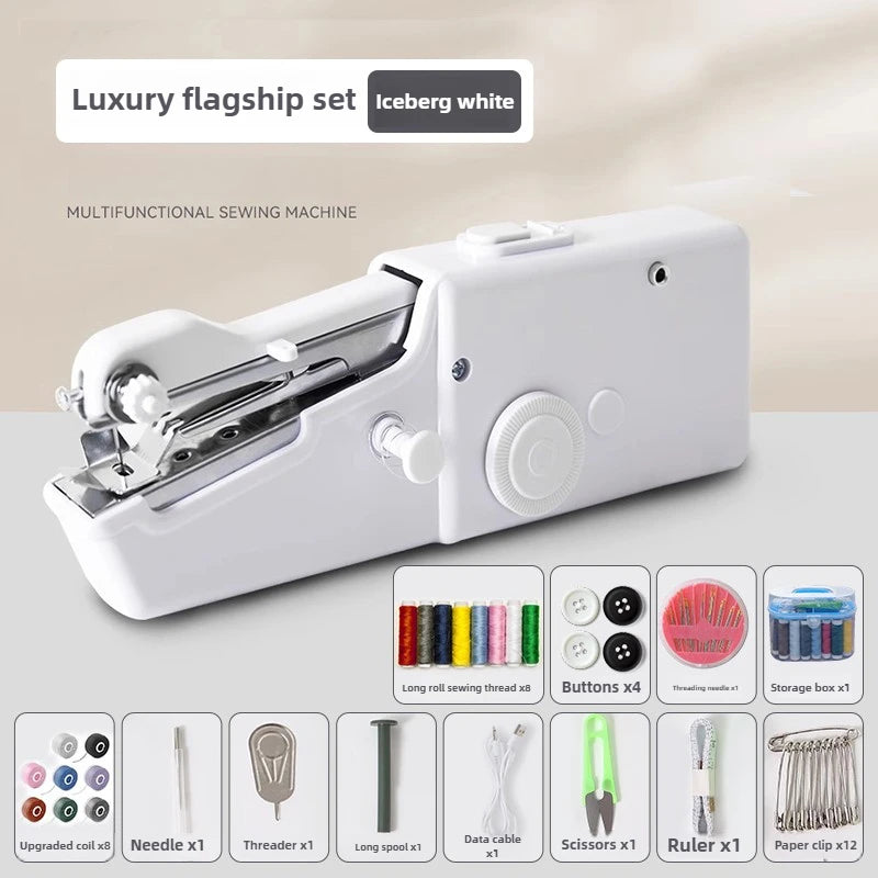 A white luxury flagship set of multifunctional mini hand sewing machines and related tools.