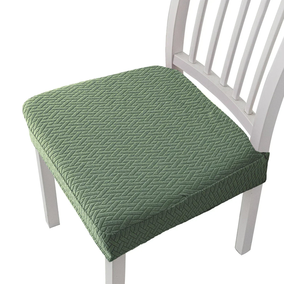 A light green quilted fabric seat cover for a white wooden bar or dining chair.