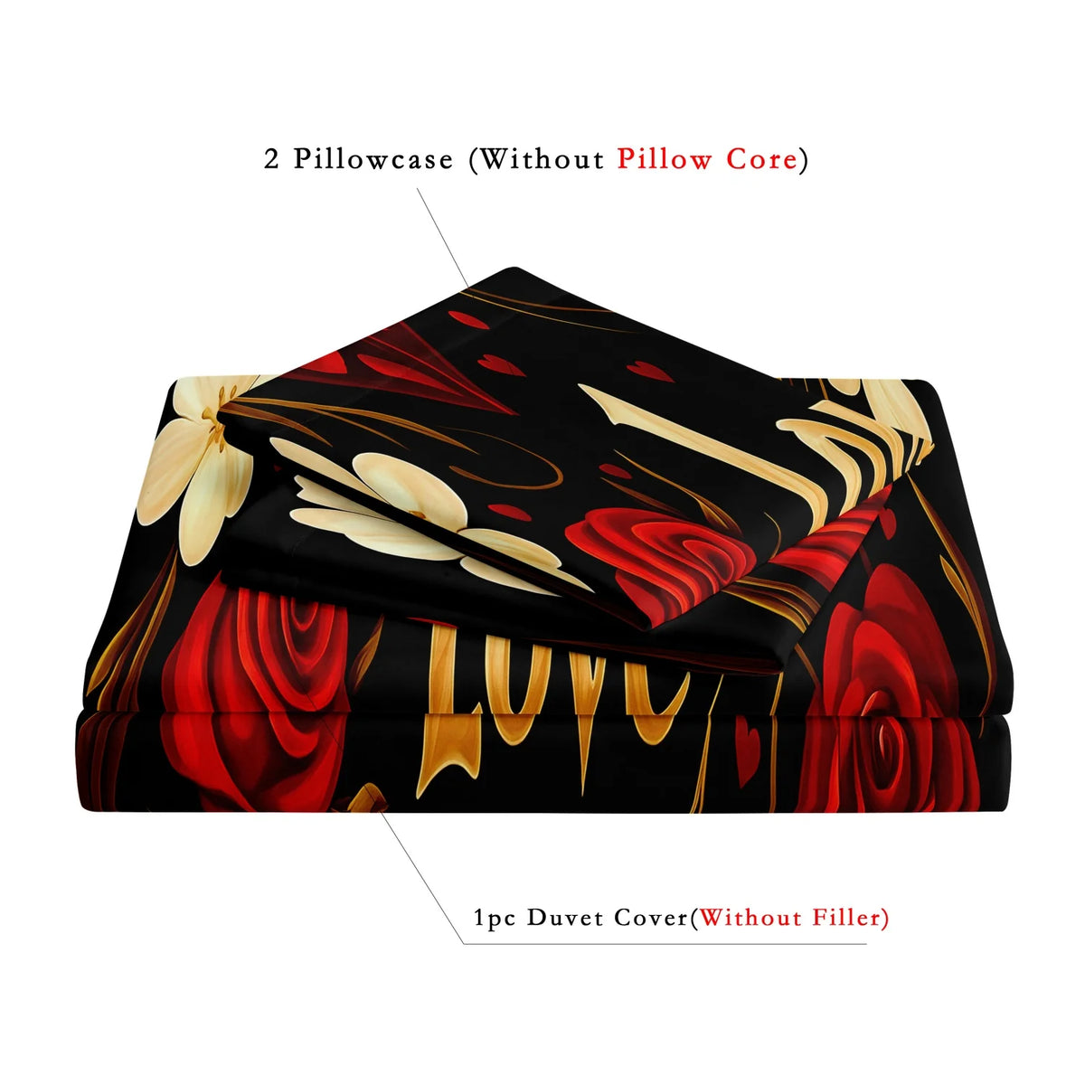 A set of floral heart print bedding featuring two pillowcases and one duvet cover with a black background and red, yellow, an