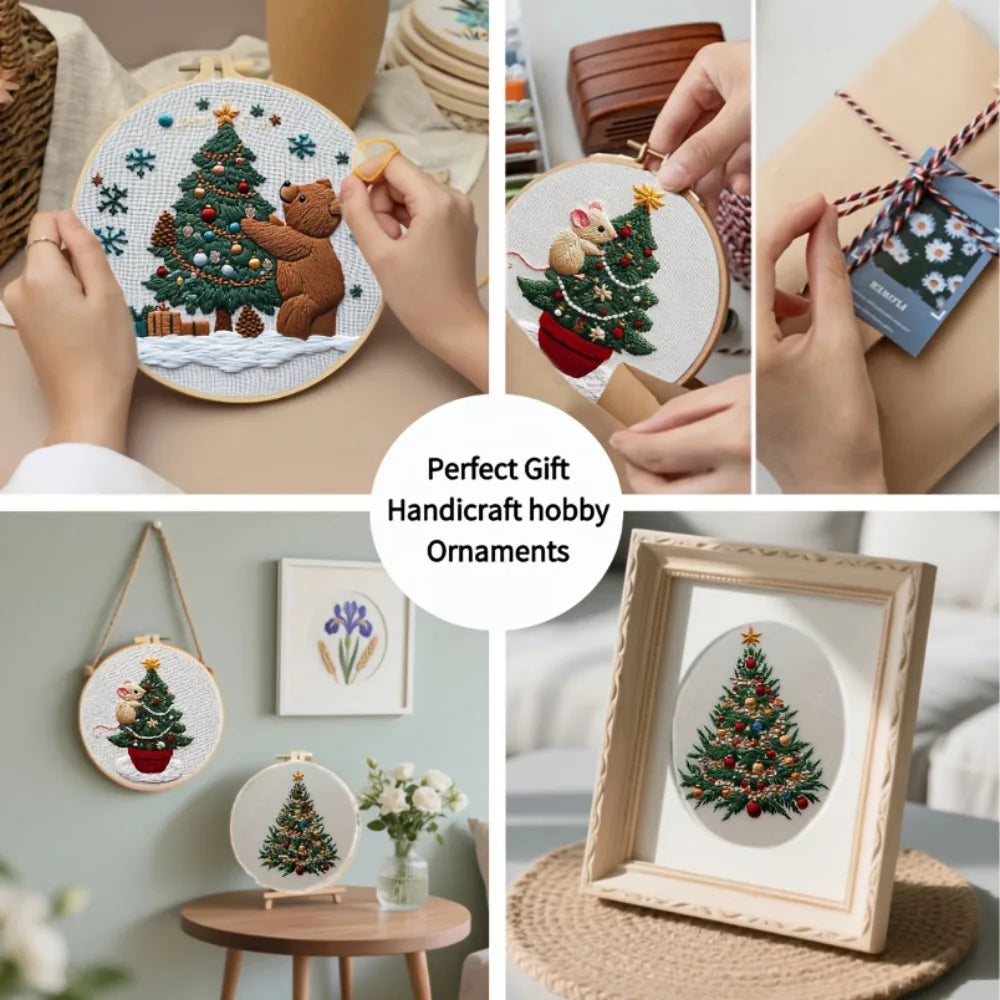 Hand embroidery ornaments featuring Christmas trees and bears, including a kit for beginners.
