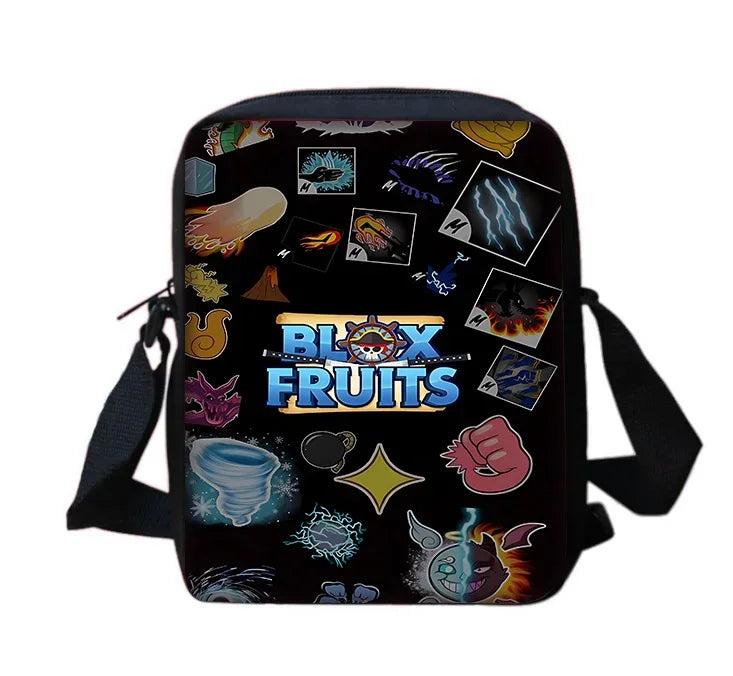 A black cartoon school backpack set with a shoulder bag and pencil case featuring various fruit designs.