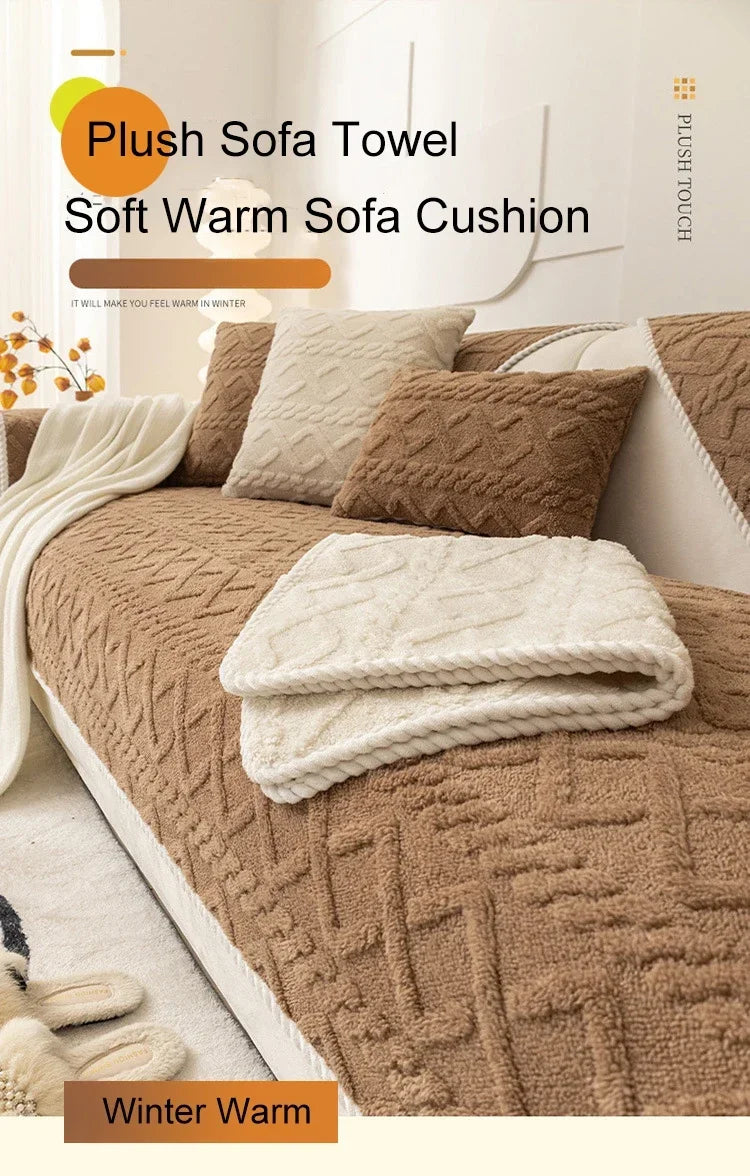 A close-up of a plush, warm brown sofa cushion cover and matching soft towels in a cozy living room setting.