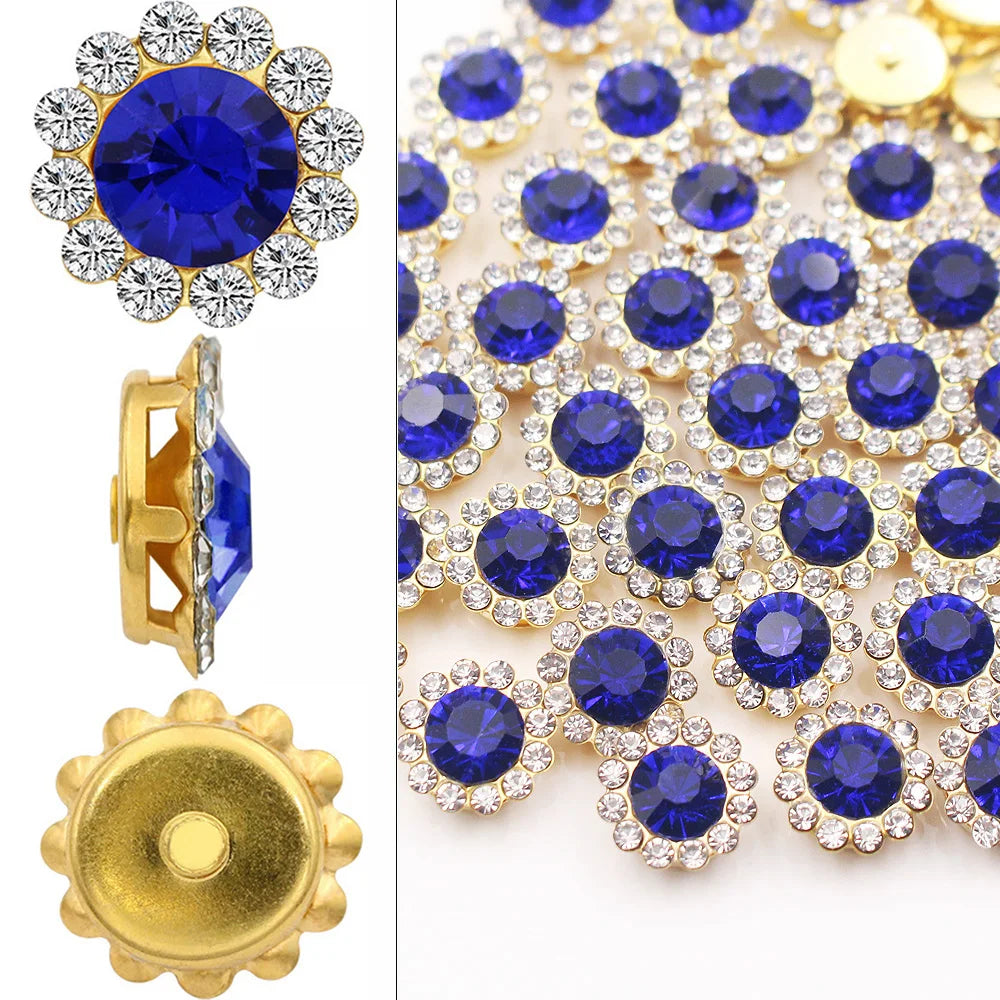 Close-up of blue and clear crystal rhinestone sunflower buttons and a gold sew-on component.