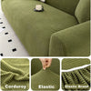 Close-up view of a textured olive green Corduroy fabric used for an Elastic Brand sofa slipcover.