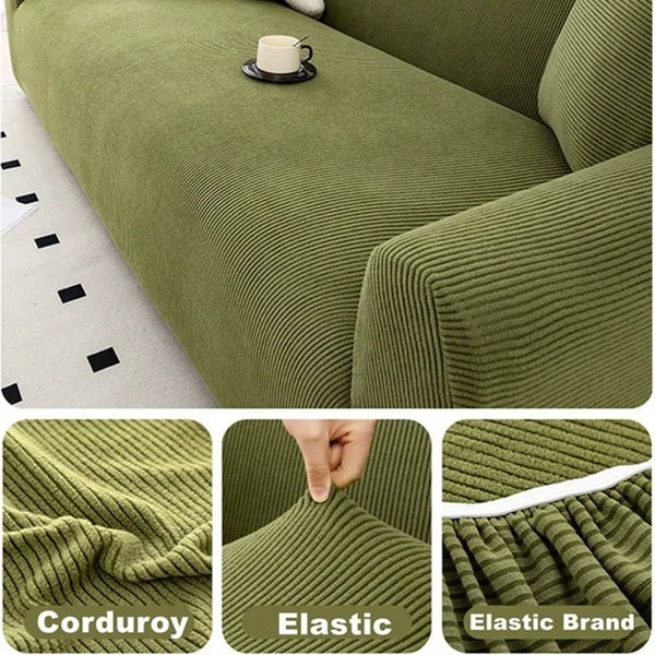 Close-up view of a textured olive green Corduroy fabric used for an Elastic Brand sofa slipcover.