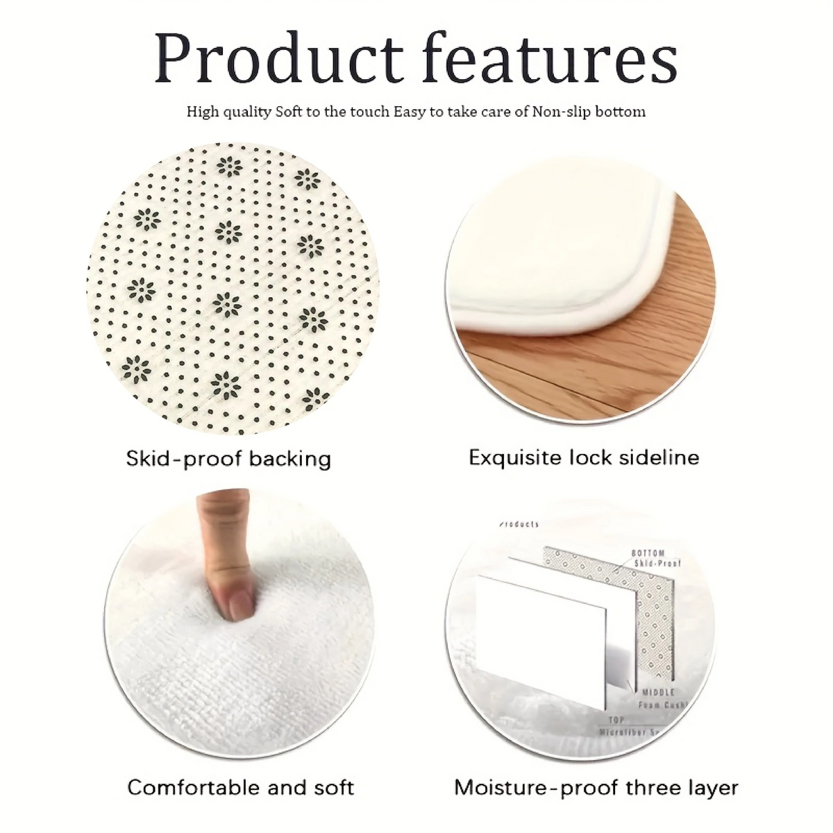 A set of decorative cigarette shaped floor mats showing features like skid-proof backing, exquisite lock side line, comfortab