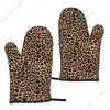 A pair of brown and black leopard print heat resistant oven and microwave gloves.
