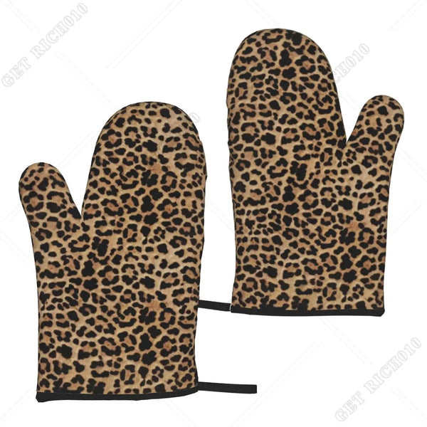 A pair of brown and black leopard print heat resistant oven and microwave gloves.