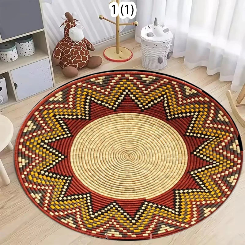 A round decorative carpet with a geometric pattern in orange, yellow, and brown tones.