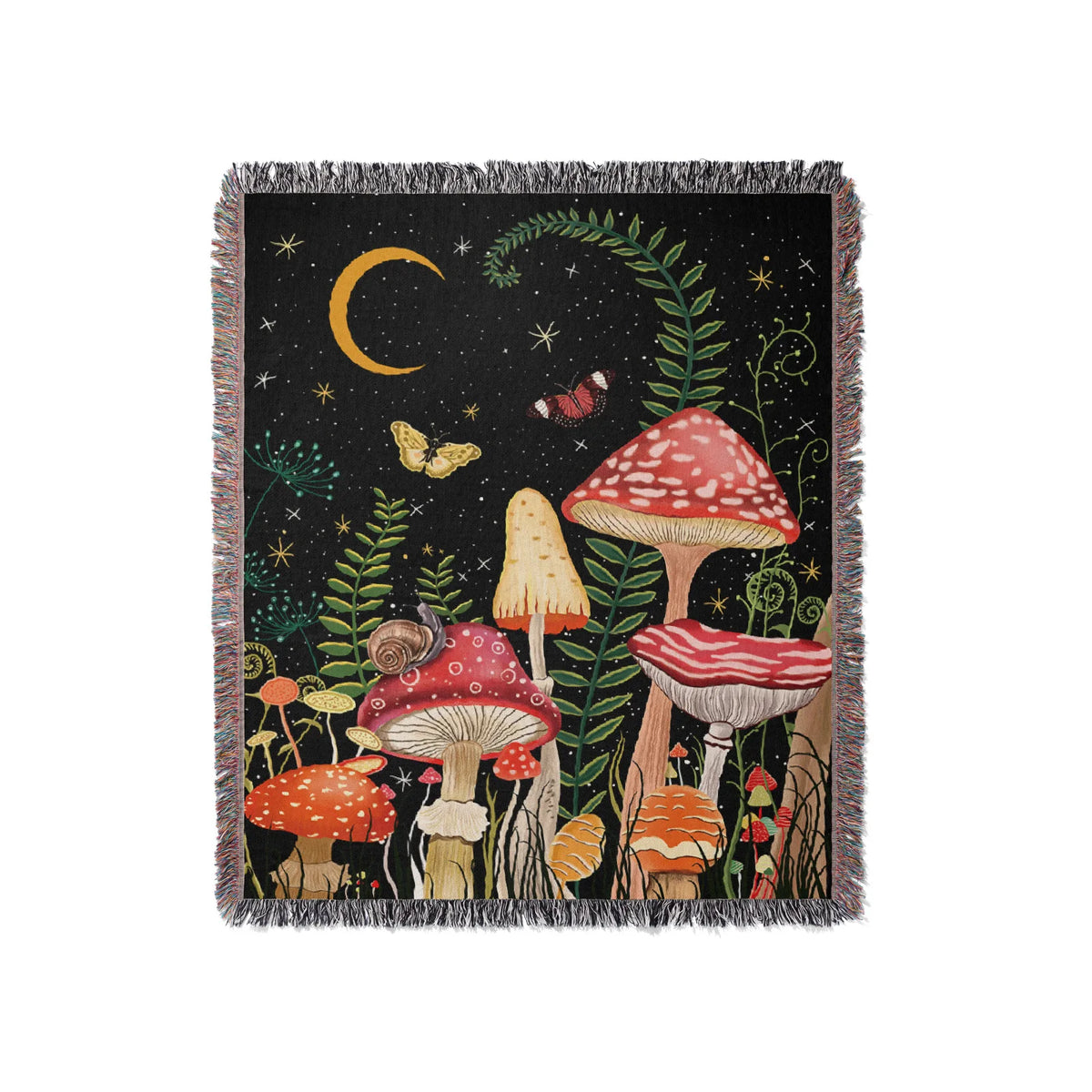 A dark, bohemian geometric throw blanket featuring a forest scene with mushrooms and a crescent moon.