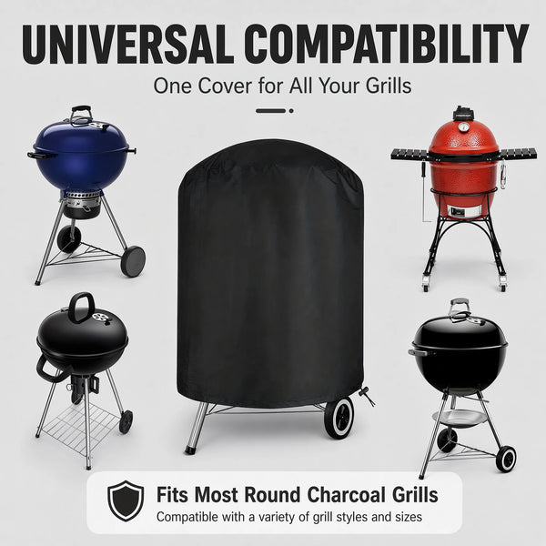 A black heavy duty round charcoal grill cover shown alongside various grills and a rolled-up cover.