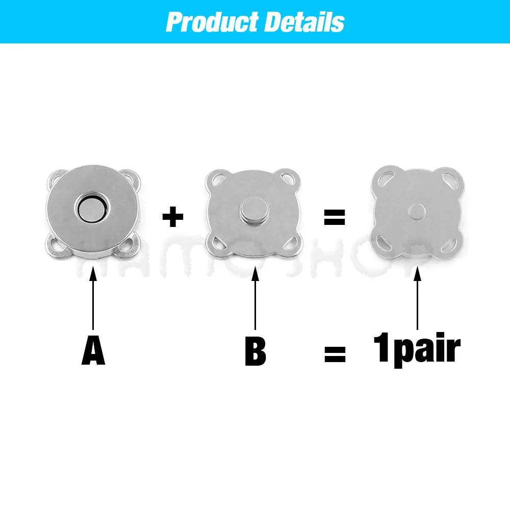 Two metal magnetic snap buttons are shown, labeled A and B, equaling one pair.
