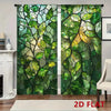 A pair of green stained glass leaf light-filtering curtains hanging in a window.