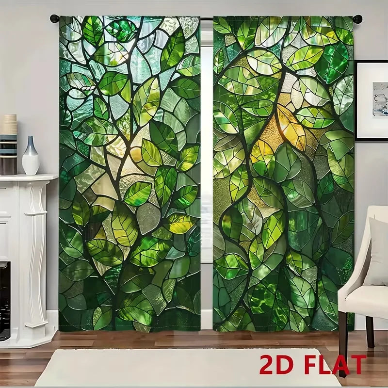A pair of green stained glass leaf light-filtering curtains hanging in a window.