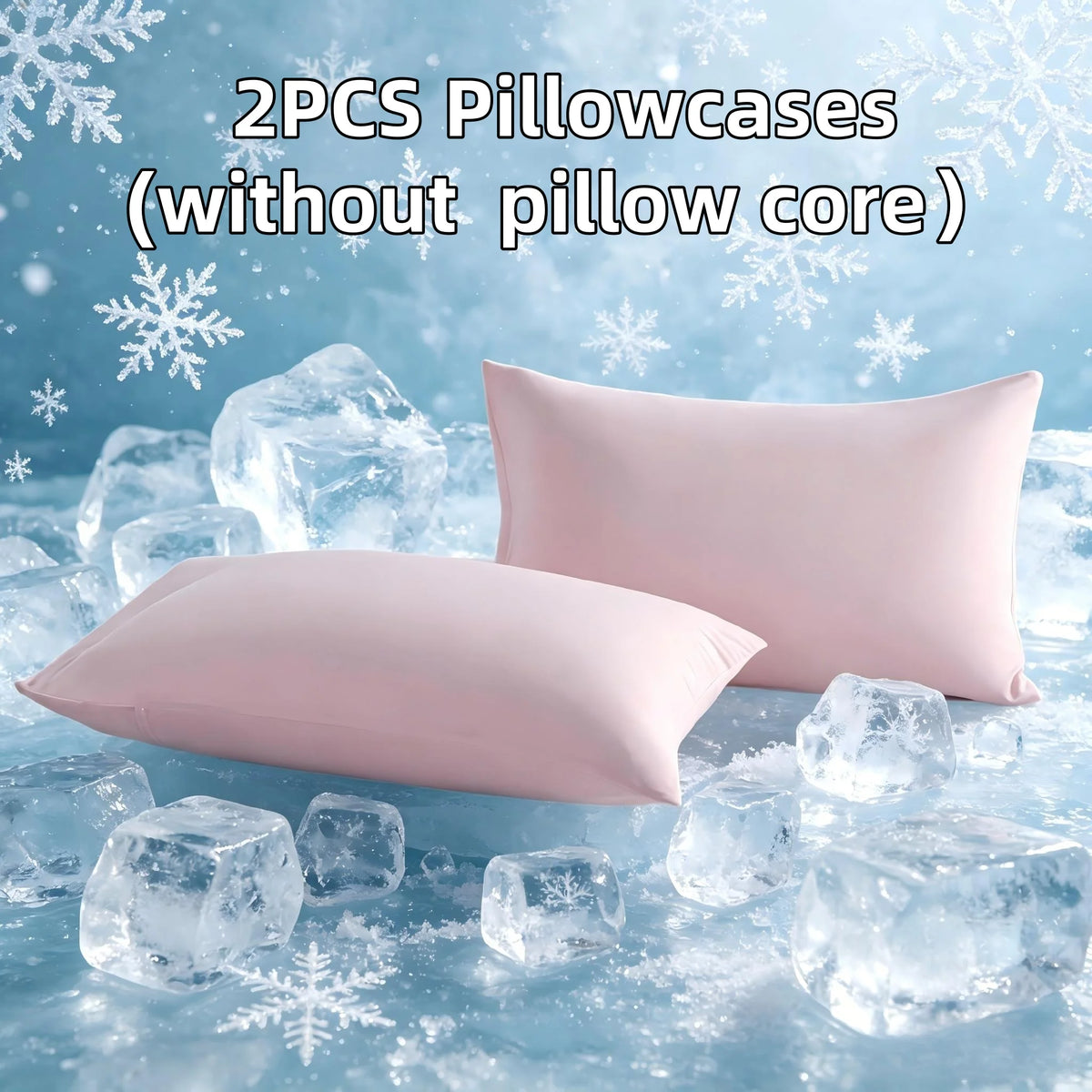 Two pink pillowcases without a core resting on ice cubes and snowflakes.