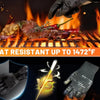 A hand wearing heat-resistant oven gloves is grilling meat on a barbecue grill over an open flame.