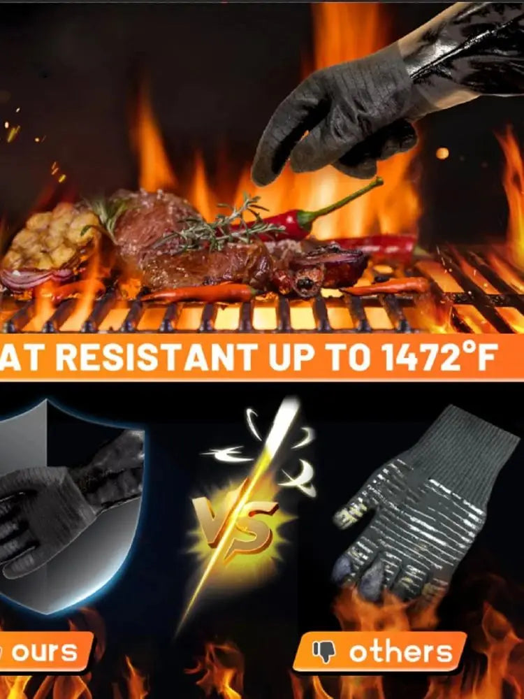 A hand wearing heat-resistant oven gloves is grilling meat on a barbecue grill over an open flame.