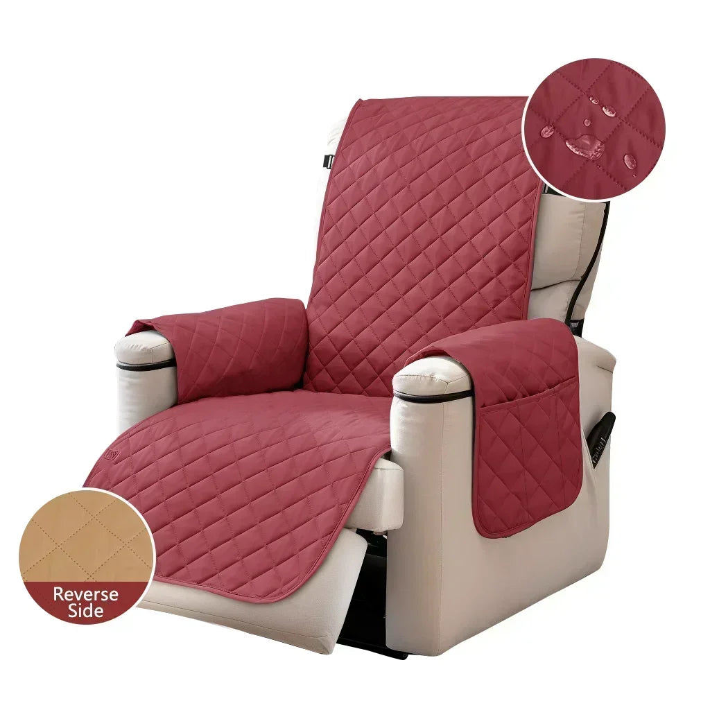 A maroon washable slipcover for a recliner sofa with a quilted pattern and anti-slip strap.