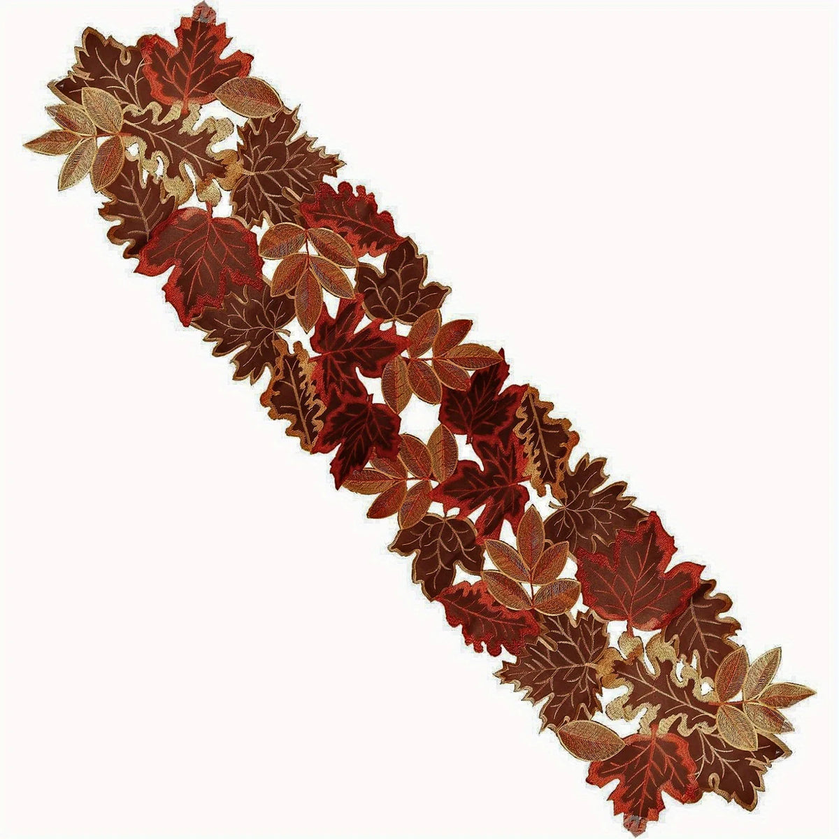 A long table runner featuring a dense pattern of autumn maple leaves in shades of deep red, rust, and brown.