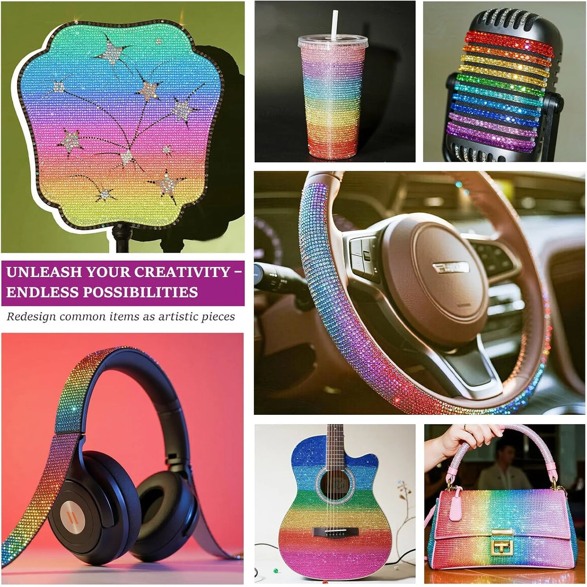 A collection of colorful crystal rhinestone ribbons and accessories for DIY crafts, including a guitar strap and a purse.