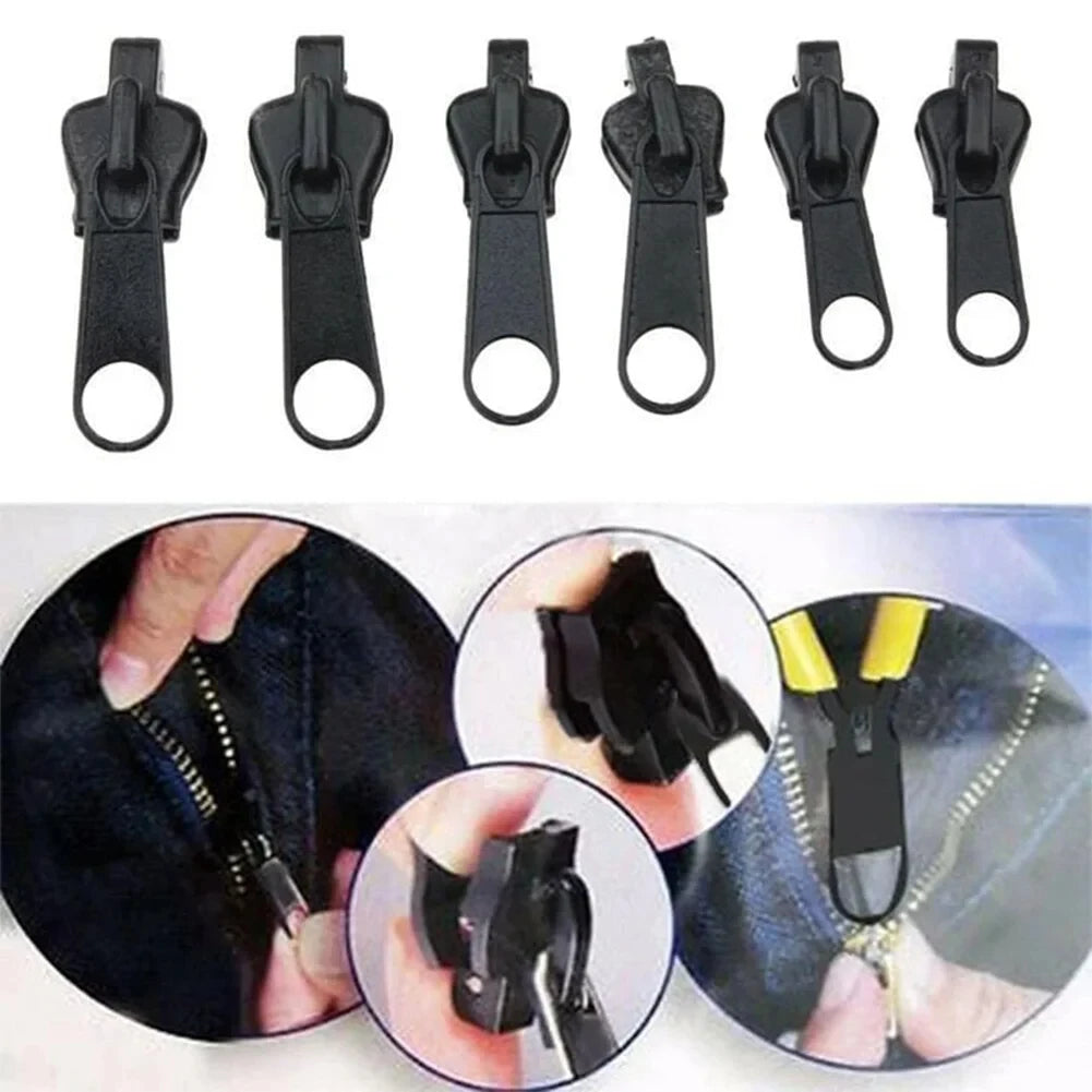 A set of black universal zipper repair kits for clothing and bags shown in various angles.