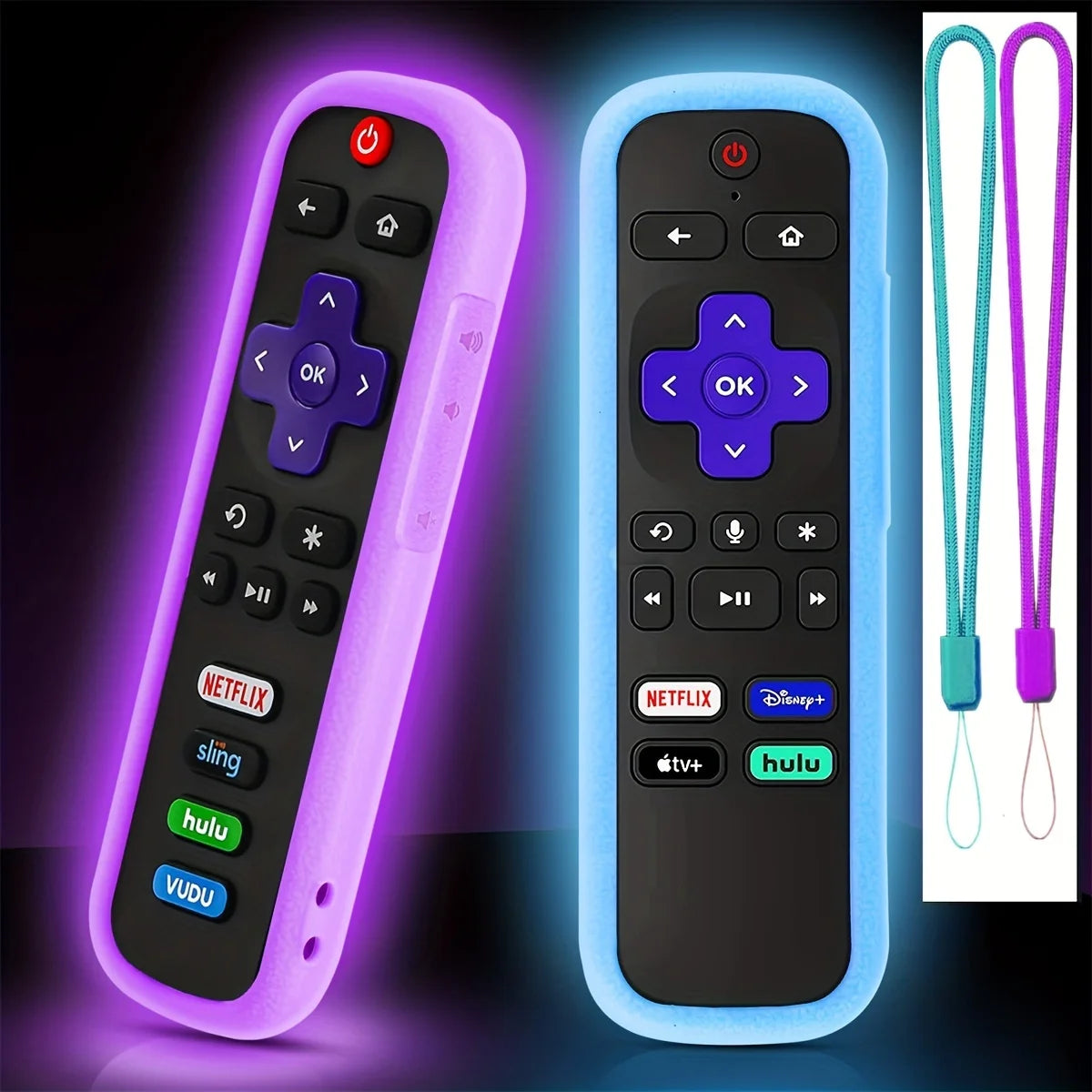 A purple glow-in-the-dark silicone remote cover with various media buttons and a teal version shown next to it.