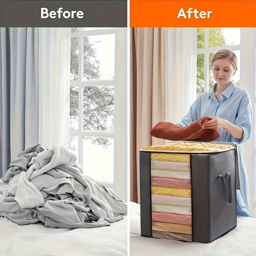 Before and after comparison showing extra large foldable storage bags used for organizing laundry.