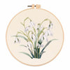 A round embroidery hoop featuring a floral pattern of white and green spring blossoms on a cream fabric.