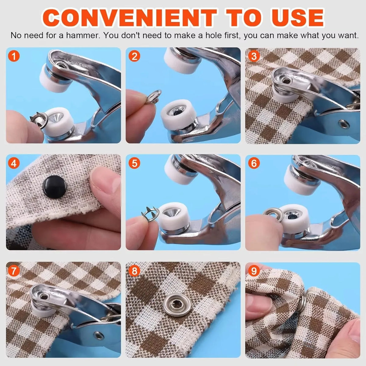 A set of metal prong snap buttons and a setting pliers tool shown in various stages of use on fabric.