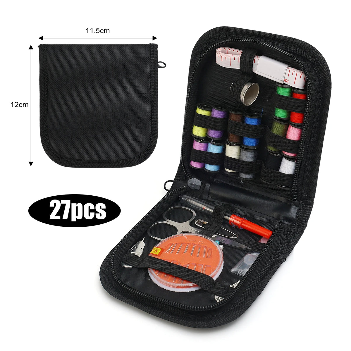 A black multi-function sewing kit case containing various tools and needles.