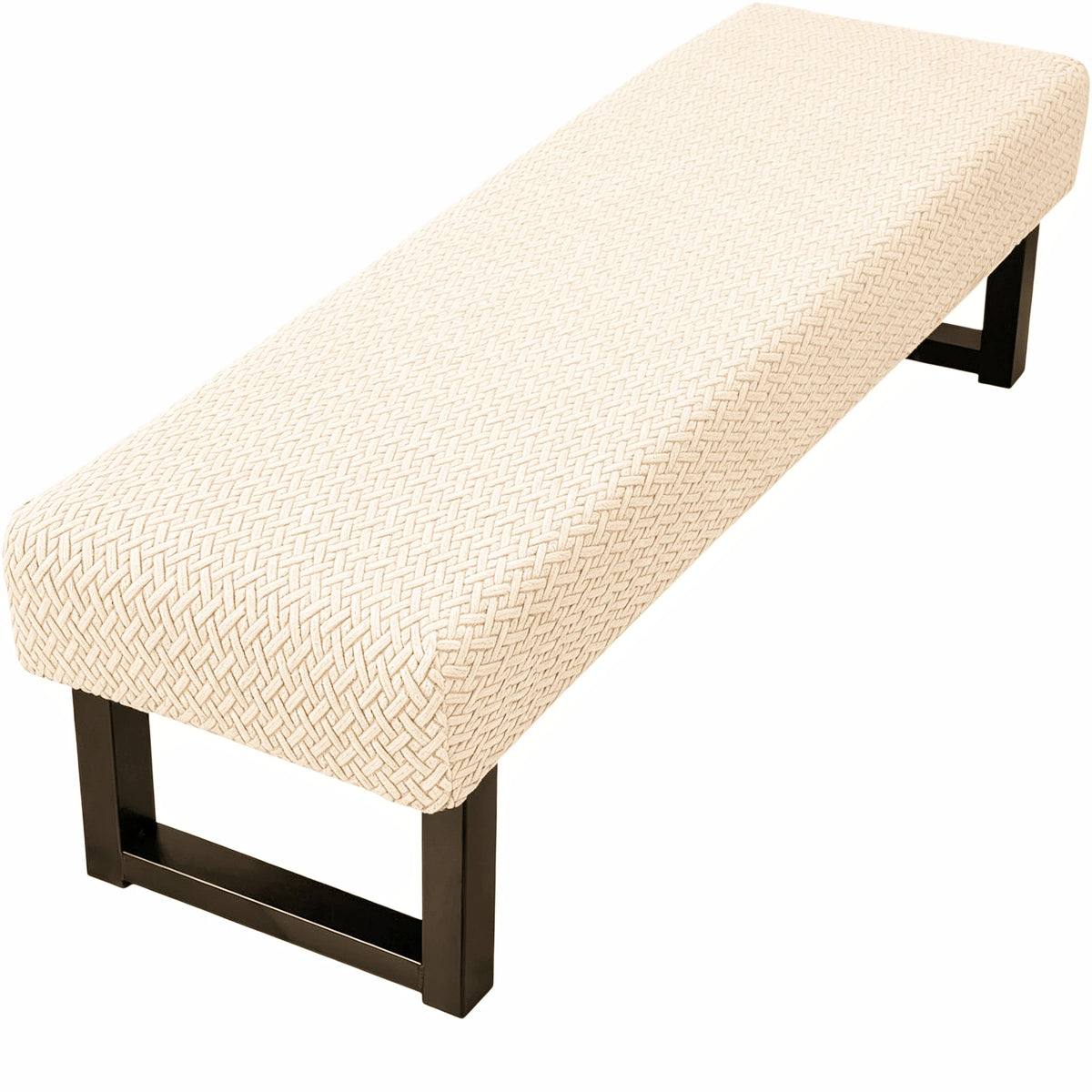 A beige jacquard stretch bench cover with a woven pattern supported by a black wooden frame.