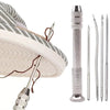 A set of leather sewing awls and interchangeable needles displayed next to a piece of fabric.