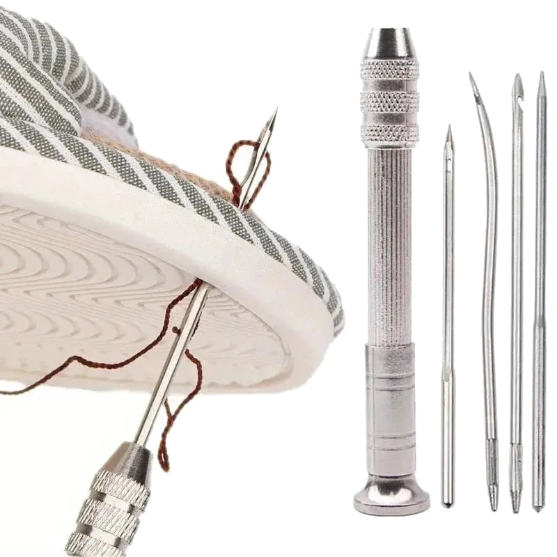 A set of leather sewing awls and interchangeable needles displayed next to a piece of fabric.