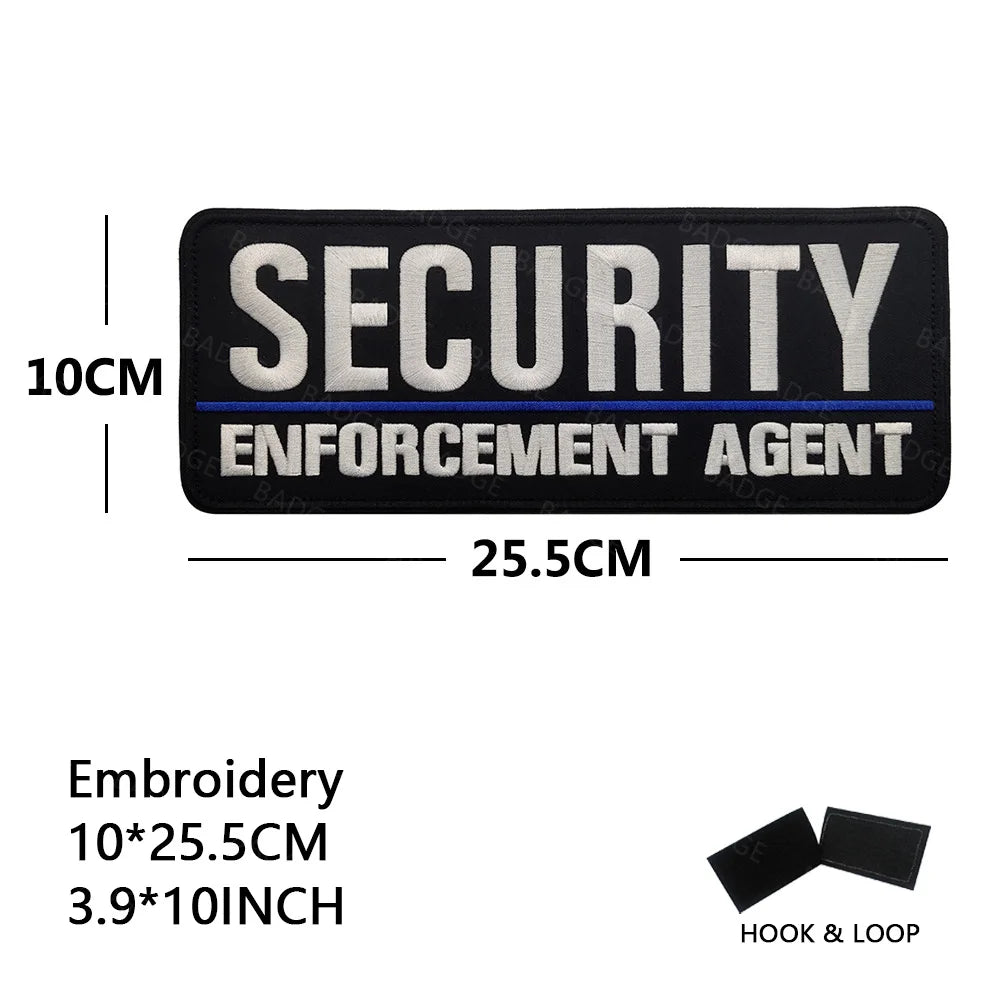 Black embroidered security agent patch with text and hook and loop backing