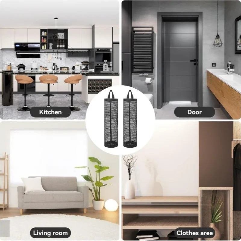A set of black hanging mesh trash bags used for kitchen and bathroom organization.