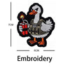 Black embroidery patch featuring a duck wearing a vest and holding a firework.