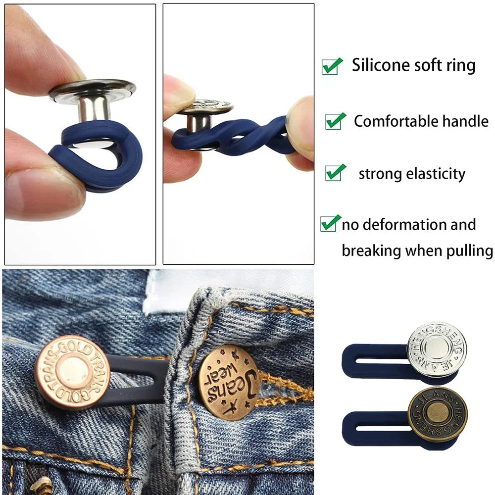 A set of universal waist extender buttons in gold and navy blue, shown attached to denim jeans.