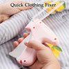 A hand holds a pink clothing fixer tool with a plastic strip, used for quick clothing fixing.