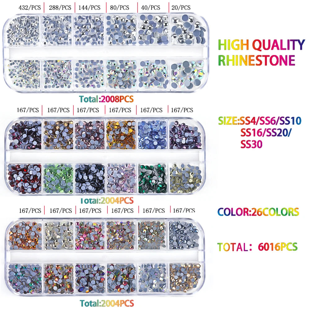 A collection of various colored and sized rhinestones, including high quality rhinestone and various sizes like SS4/SS6/SS10,