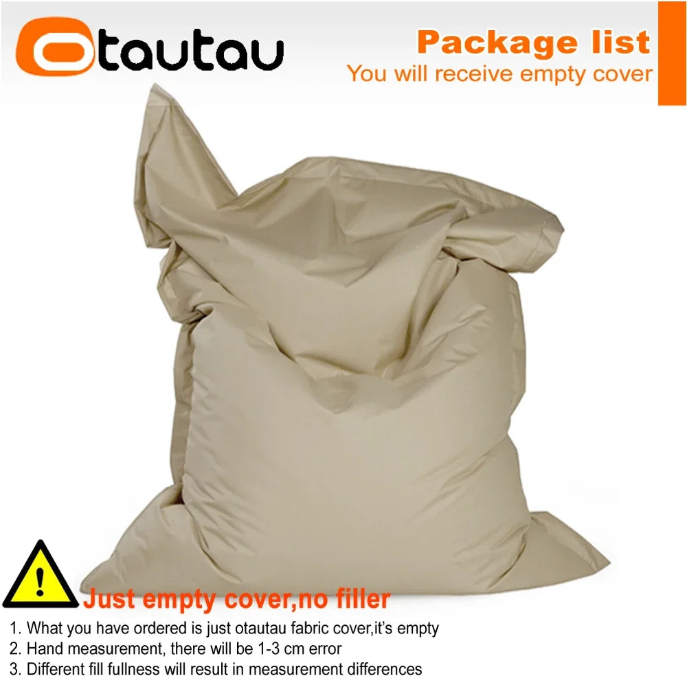 Empty beige outdoor bean bag cover shown with a warning label indicating it is just an empty cover, no filler.