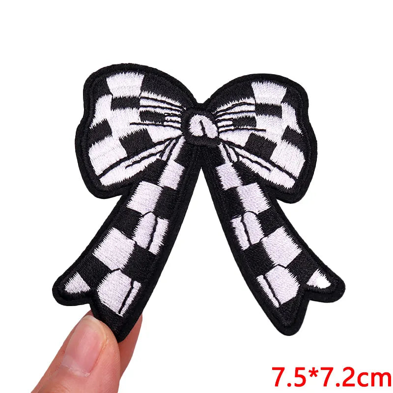 Black and white checkered bow embroidered letter iron-on patch