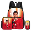 A red and orange football-themed backpack featuring a portrait of Cristiano Ronaldo.