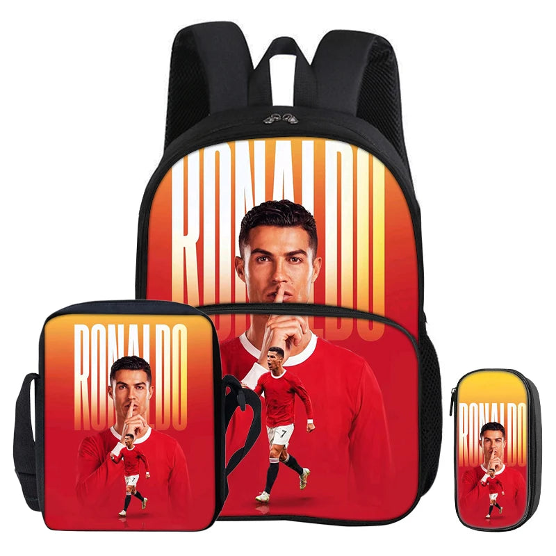 A red and orange football-themed backpack featuring a portrait of Cristiano Ronaldo.