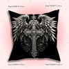 A black throw pillow cover featuring a detailed silver and black gothic eagle sigil design.