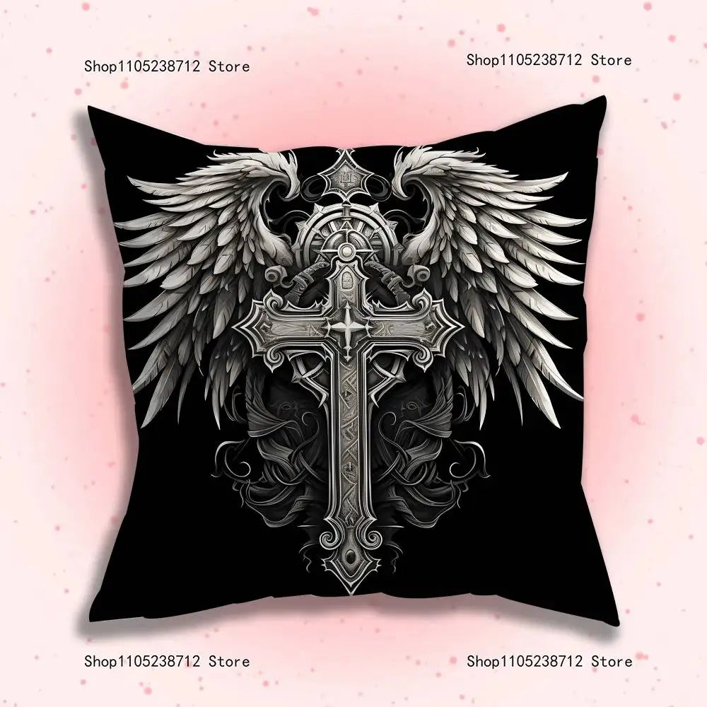 A black throw pillow cover featuring a detailed silver and black gothic eagle sigil design.