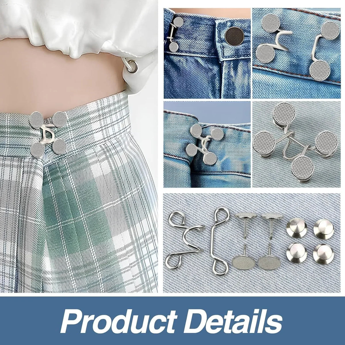 Adjustable button pins in silver and gold tones used for decorating denim fabric